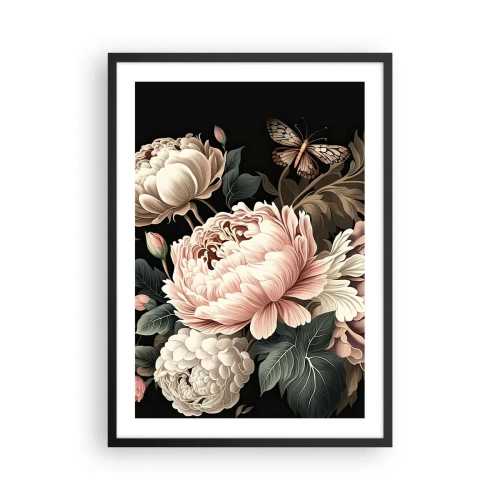 Plakat i sort ramme - Elegante pæoner og en sommerfugl på en sort baggrund - 50x70cm - I barok stil - Moderne vægdekoration til stue og soveværelse ARTTOR