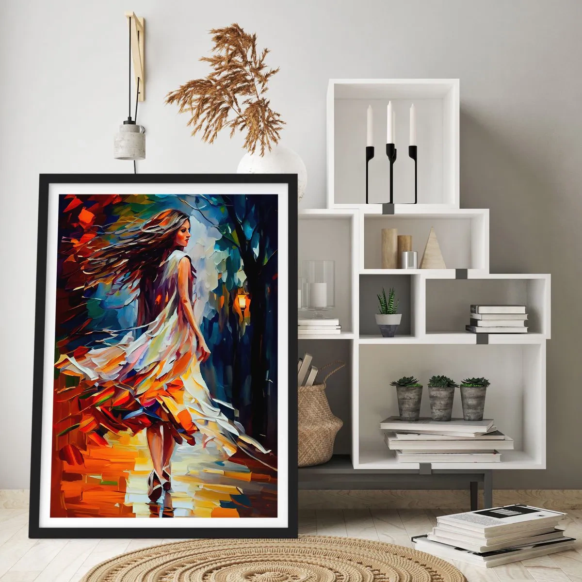 Plakat i sort ramme - En kvinde, der danser blandt farverige efterårsblade - 50x70cm - Efterårspige - Moderne vægdekoration til stue og soveværelse ARTTOR