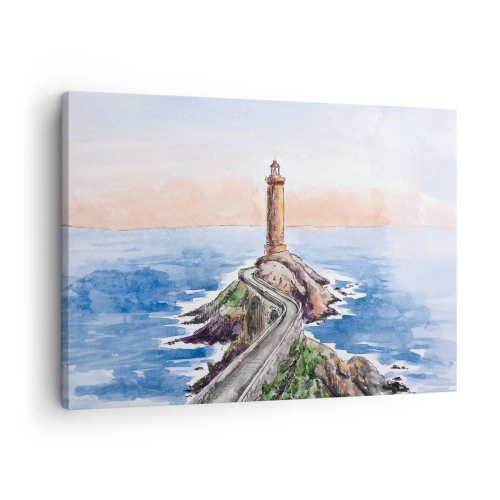 Lærredstryk - Billede på lærred - Et fyrtårn på en klippefyldt kyst - 70x50cm - Med front mod havet - Moderne vægdekoration til stue og soveværelse ARTTOR