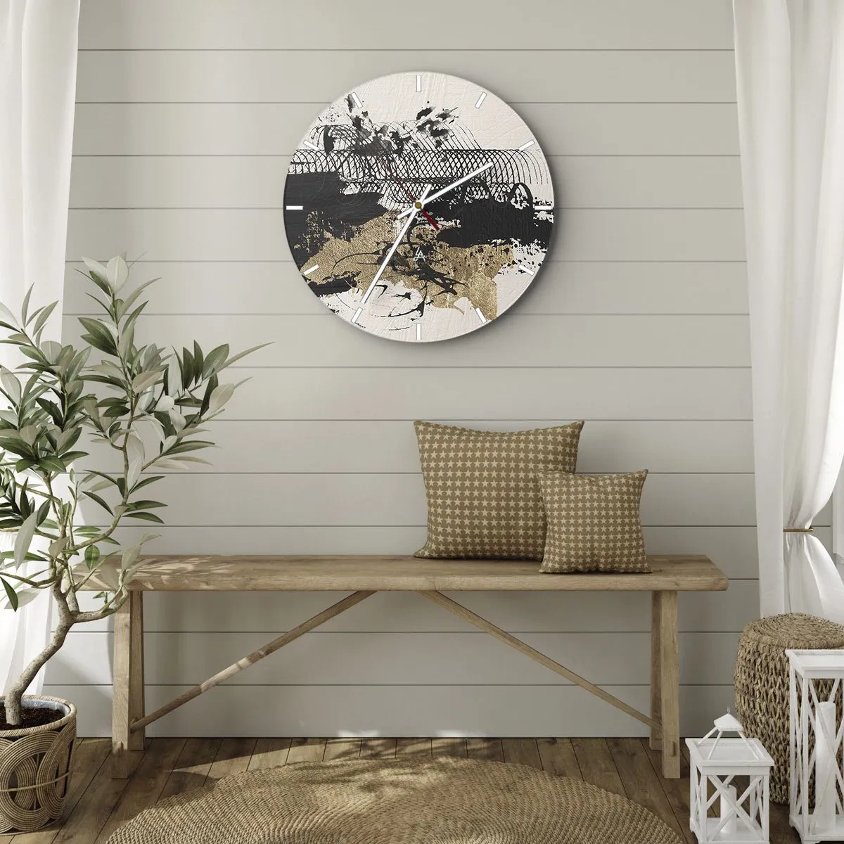Vægur, Uret - Abstrakt komposition af sort, guld og hvid - 30x30cm - Komposition med lidenskab - Moderne vægdekoration til stue, køkken og soveværelse ARTTOR