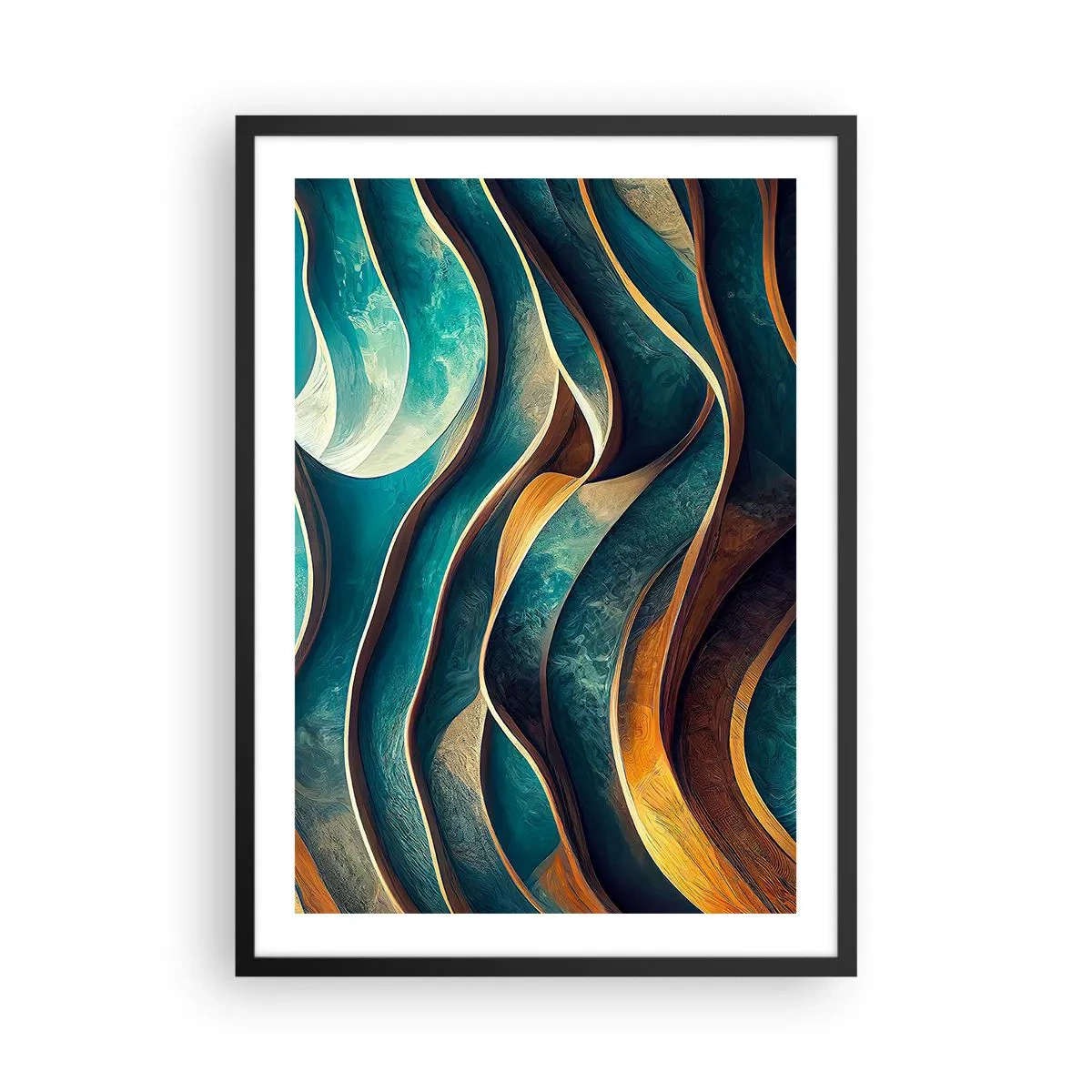 Plakat i sort ramme - En abstrakt komposition af bølgede former i turkise nuancer. - 50x70cm - Slyngninger af blåt - Moderne vægdekoration til stue og soveværelse ARTTOR