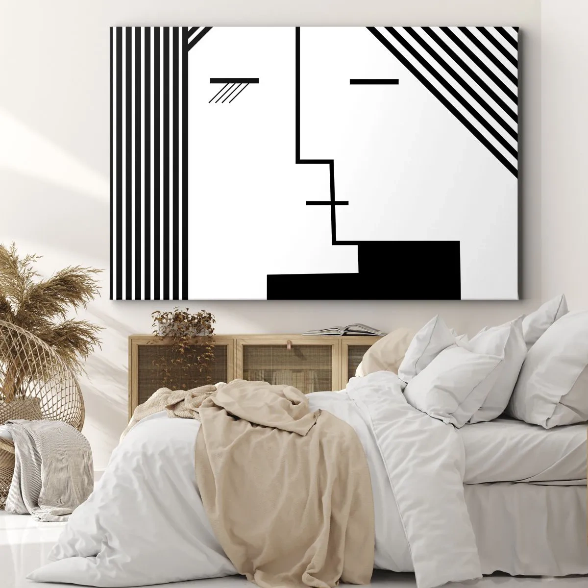 Lærredstryk - Billede på lærred - Geometrisk abstraktion af et kys i sort-hvid - 70x50cm - Bare et kys - Moderne vægdekoration til stue og soveværelse ARTTOR