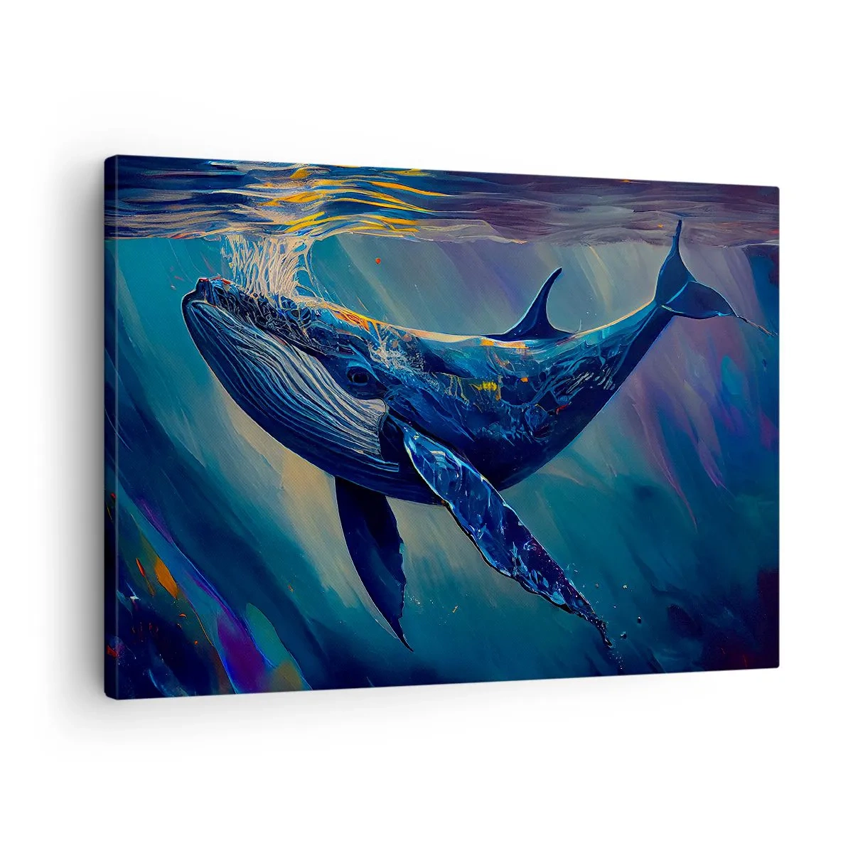 Lærredstryk - Billede på lærred - En hval i havets dyb i lysende farver - 70x50cm - Velkommen til min verden - Moderne vægdekoration til stue og soveværelse ARTTOR