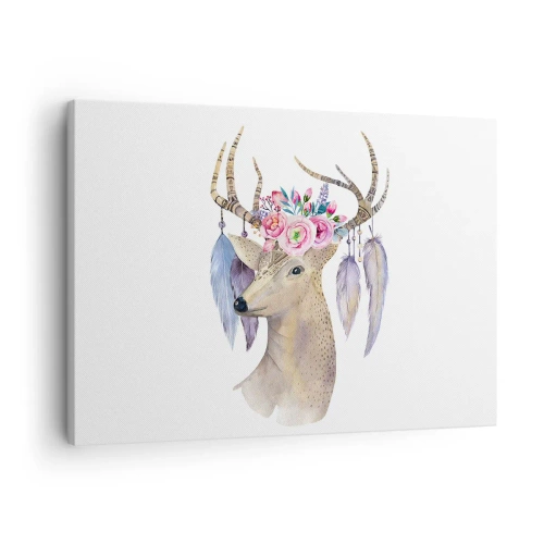 Lærredstryk - Billede på lærred - Romantisk hjortegrafik med blomster og fjer - 70x50cm - Sjælsguide - blid, uskyldig - Moderne vægdekoration til stue og soveværelse ARTTOR