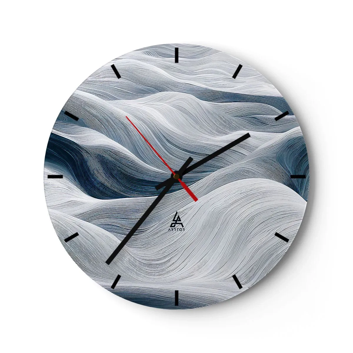 Vægur, Uret - Grafiske, bølgede linjer i hvide og blå toner - 30x30cm - Hvide og blå bølger - Moderne vægdekoration til stue, køkken og soveværelse ARTTOR