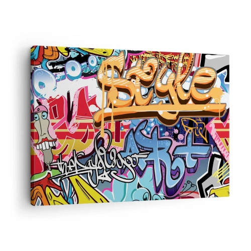 Lærredstryk - Billede på lærred - Farverig graffiti med dynamiske inskriptioner og illustrationer - 70x50cm - Vægmalerier, vægmalerier, vægmalerier.... - Moderne vægdekoration til stue og soveværelse ARTTOR