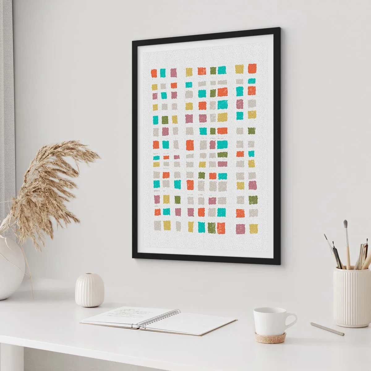 Plakat i sort ramme - Farverige geometriske firkanter på en lys baggrund - 50x70cm - Ukendt leg - Moderne vægdekoration til stue og soveværelse ARTTOR
