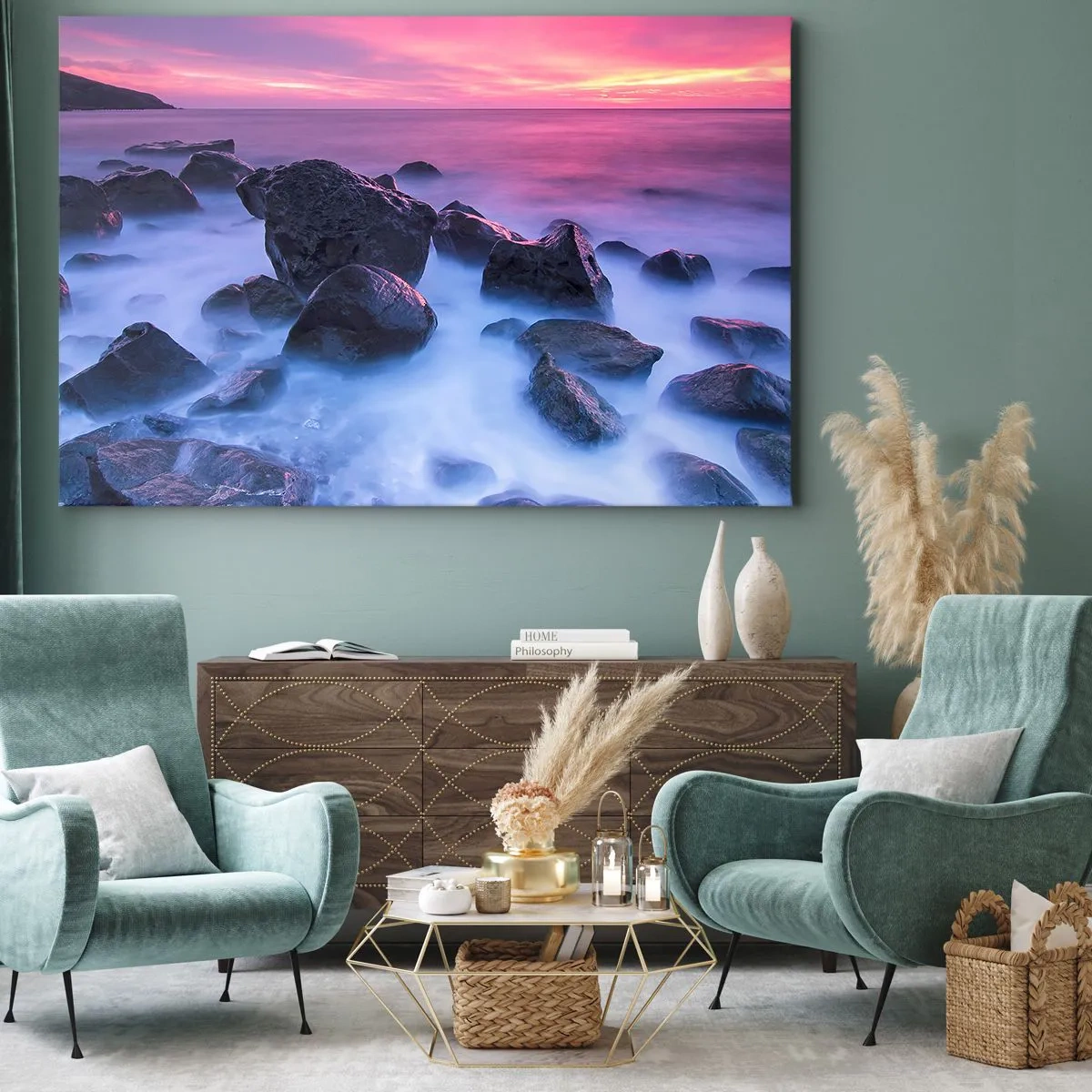 Lærredstryk - Billede på lærred - Klippekyst ved solnedgang - 70x50cm - Fødsel i glimmer og tåge - Moderne vægdekoration til stue og soveværelse ARTTOR