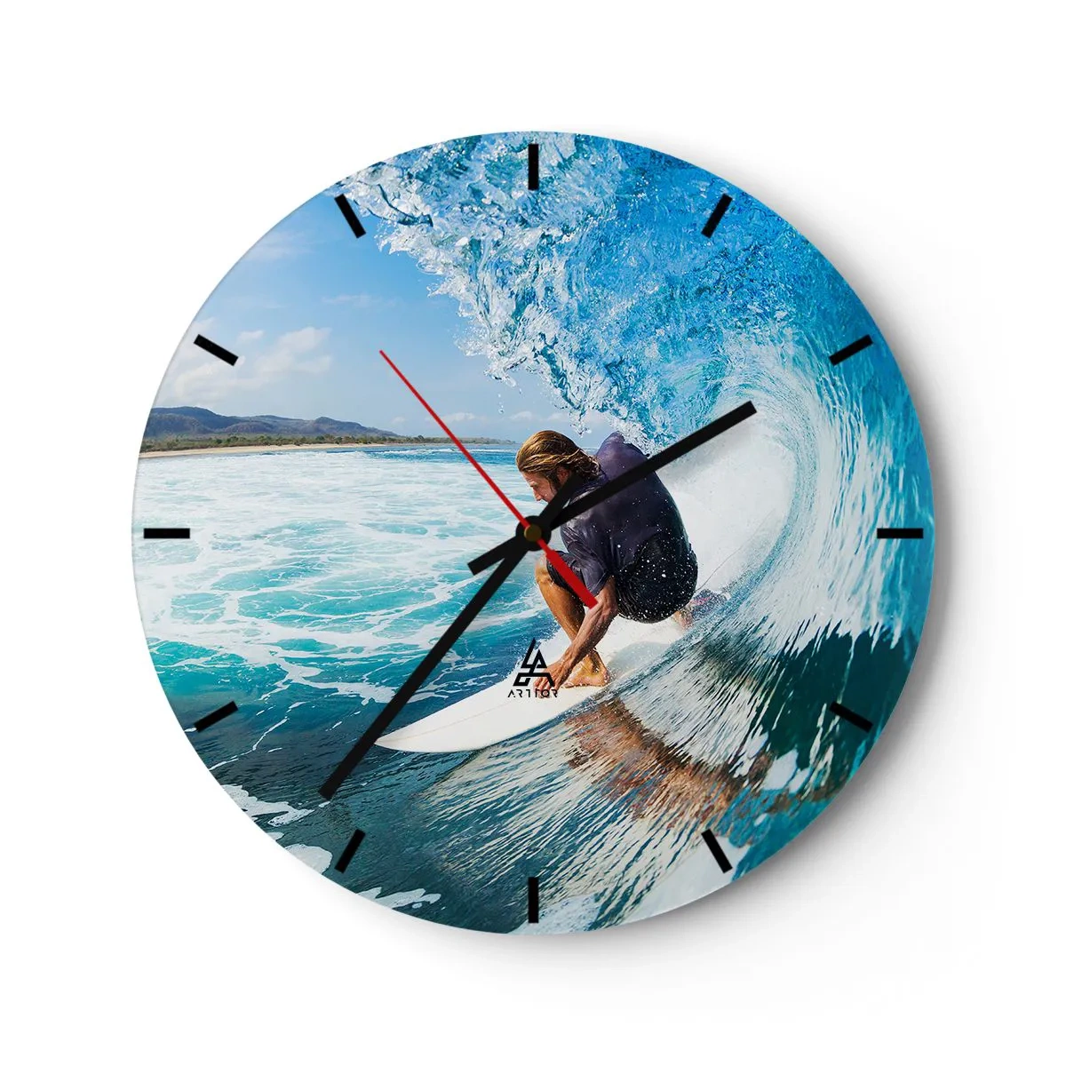 Vægur, Uret - Surfer i vandbølgetunnelen - 30x30cm - Danser med bølgerne - Moderne vægdekoration til stue, køkken og soveværelse ARTTOR