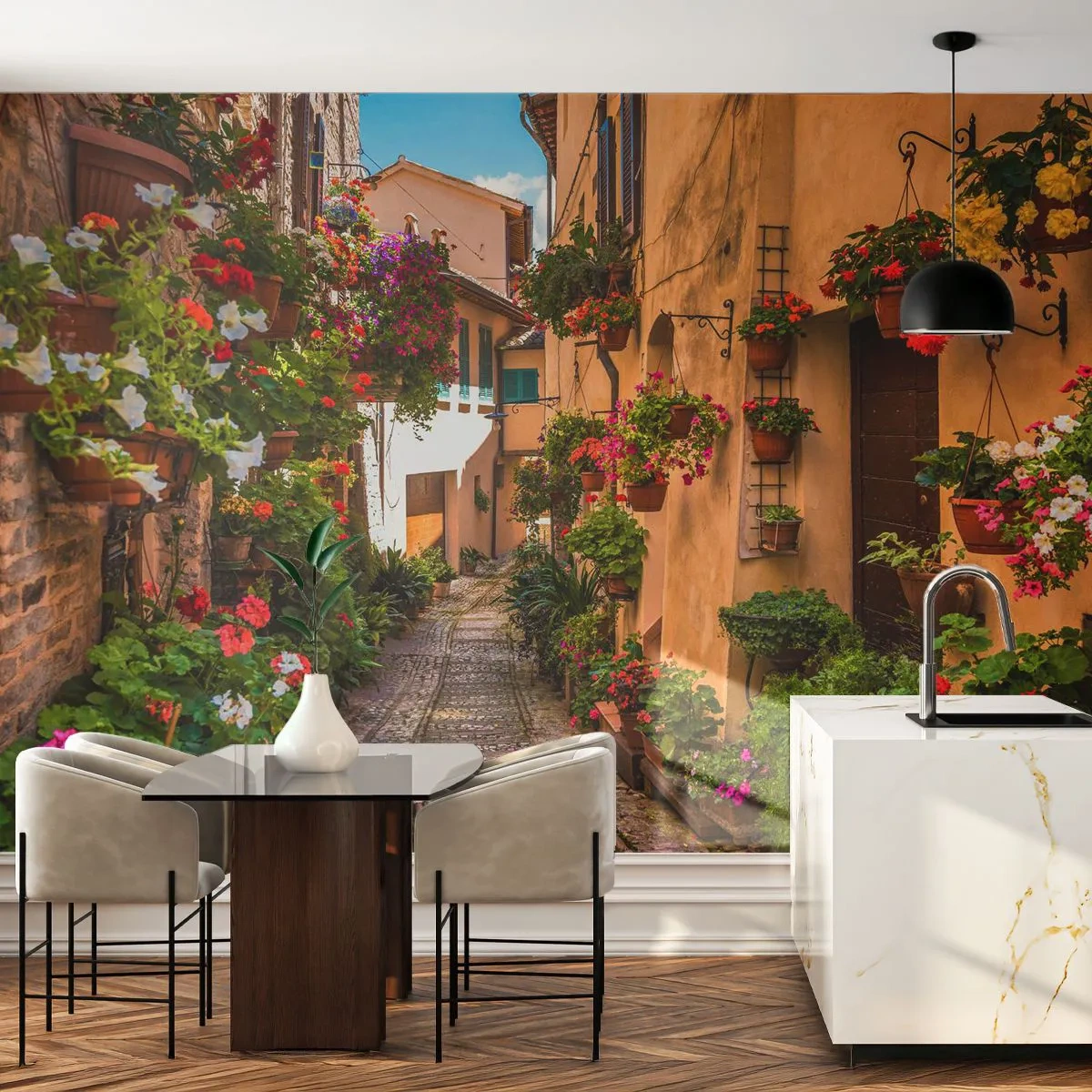 Fototapet Premium Sand - Italiensk gyde - By, Blomster, Arkitektur - 100x70 cm