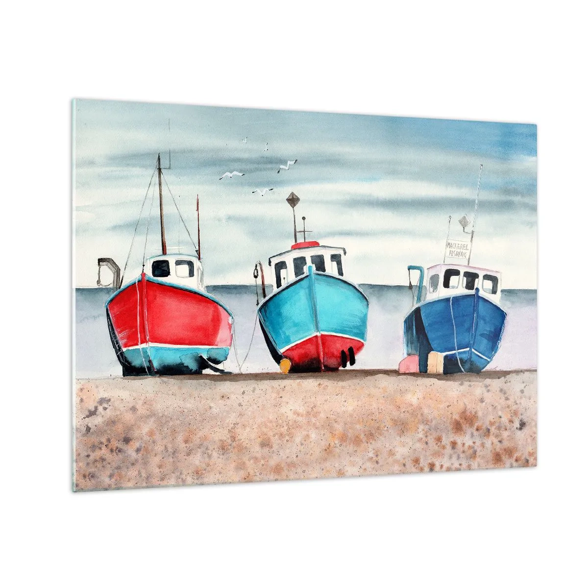 Billede på glas - Tre farverige fiskerbåde på kysten - 70x50cm - Klar til at fange - Moderne vægdekoration til stue og soveværelse ARTTOR