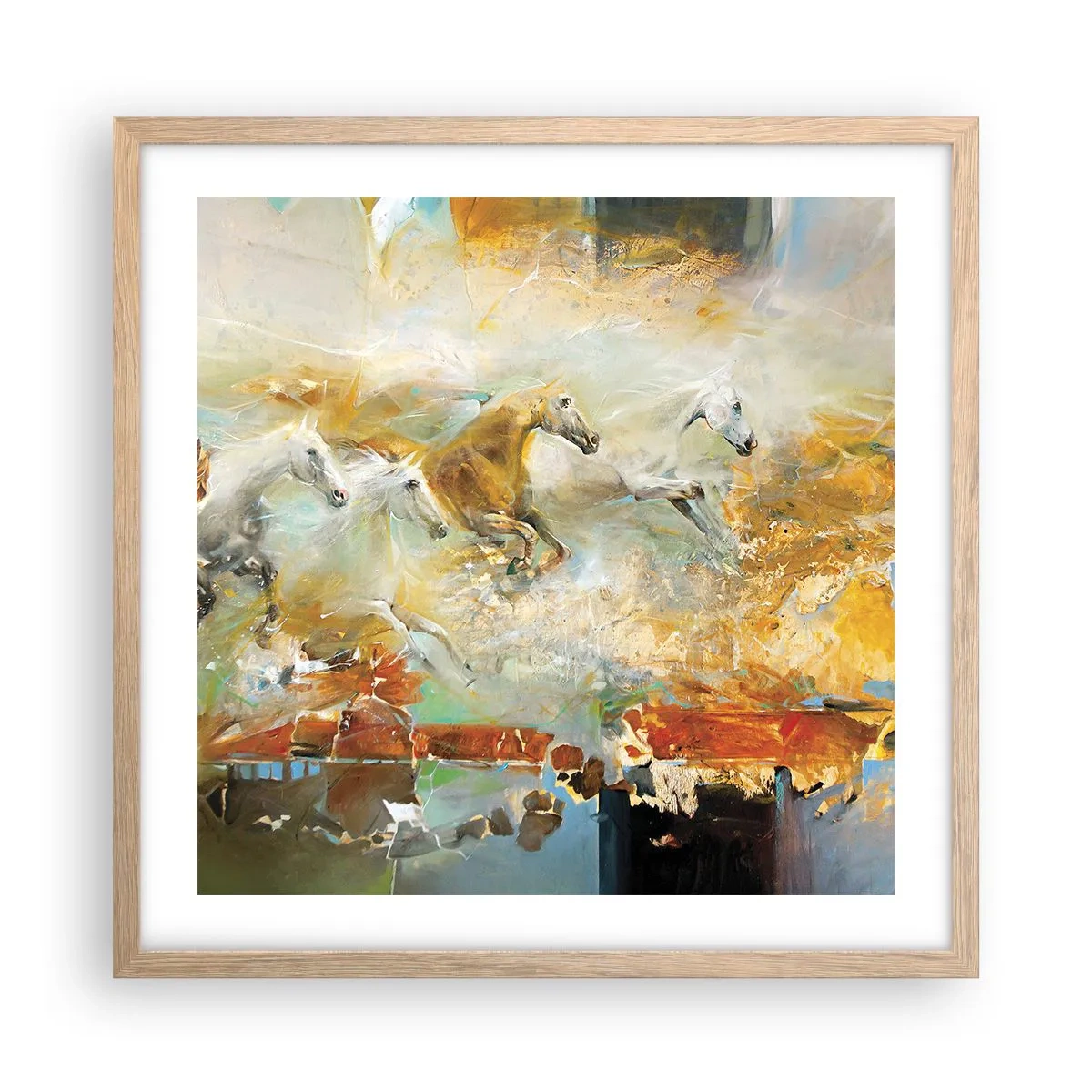 Plakat i ramme af lyst egetræ - Galopperer gennem lyset - 50x50 cm
