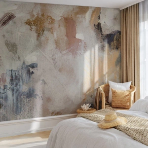 Fototapet Standard Eco - En diset abstraktion i nuancer af beige, brun og blå - 100x70cm - Tågeagtig abstraktion - Moderne vægdekoration til stue og soveværelse ARTTOR