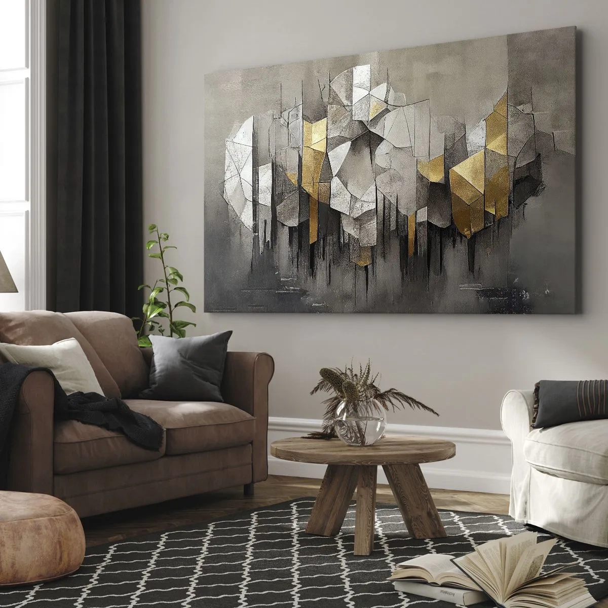 Lærredstryk - Billede på lærred - Geometrisk abstraktion i nuancer af guld og grå - 70x50cm - Komposition lavet af is og lys - Moderne vægdekoration til stue og soveværelse ARTTOR