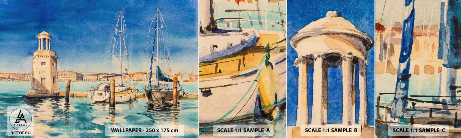 Fototapet Prøve Standard Eco - Solrig lagune - Havn, Landskab, Fyrtårn - 100x30 cm