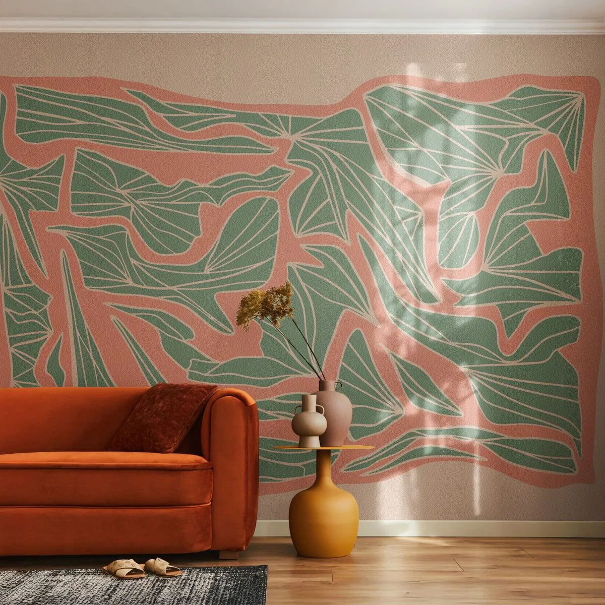 Fototapet Standard Eco - En kamp mellem koral og grøn - Boho, Pastel, Stykke - 150x105 cm