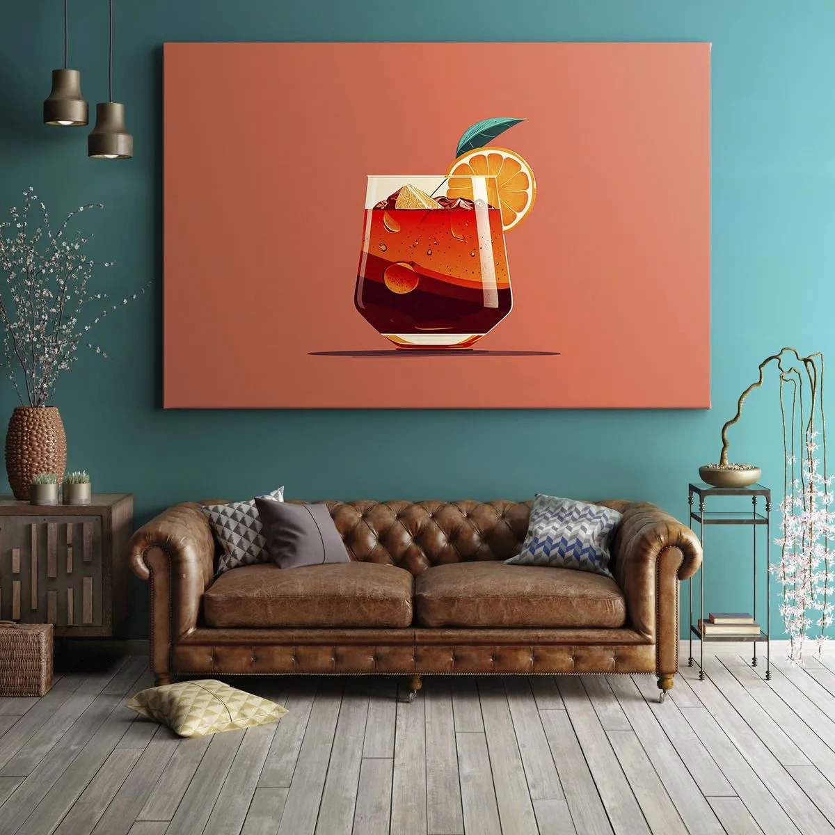 Lærredstryk - Billede på lærred - Et glas drink og en appelsinskive på en orange baggrund - 70x50cm - Sommerens forfriskning - Moderne vægdekoration til stue og soveværelse ARTTOR