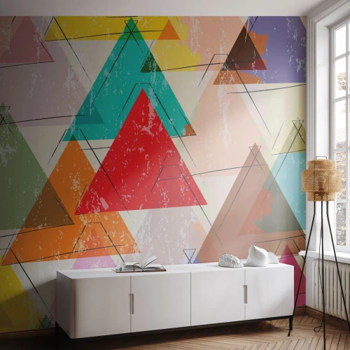 Fototapet Standard Eco - Farverige geometriske trekanter i abstrakt stil - 100x70cm - Tre og tre - Moderne vægdekoration til stue og soveværelse ARTTOR