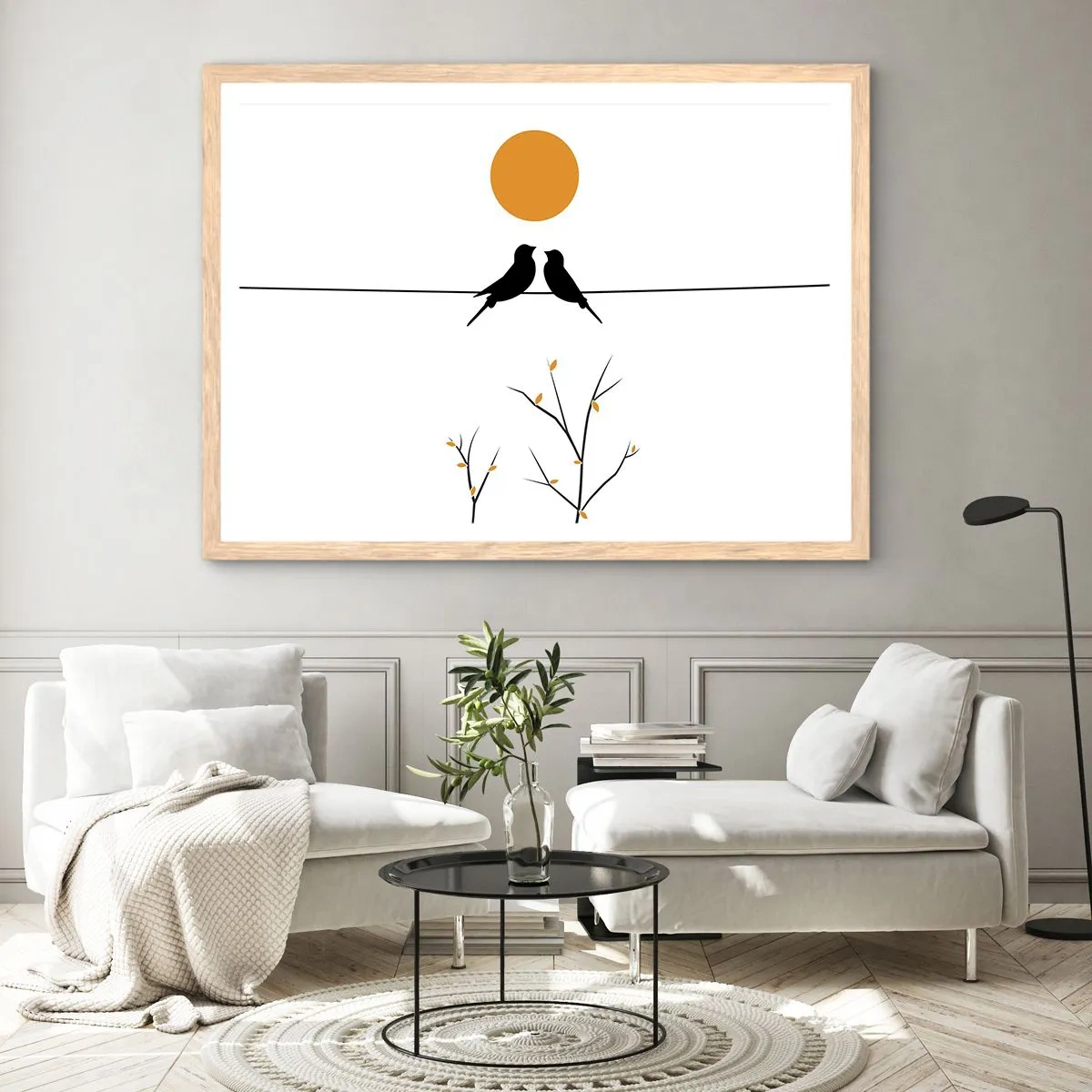 Plakat i ramme af lyst egetræ - Nattergal - 100x70 cm