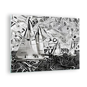 Billede på glas - Sort-hvid abstraktion med sejlbåde og geometriske mønstre - 70x50cm - Mellem bølgerne - Moderne vægdekoration til stue og soveværelse ARTTOR