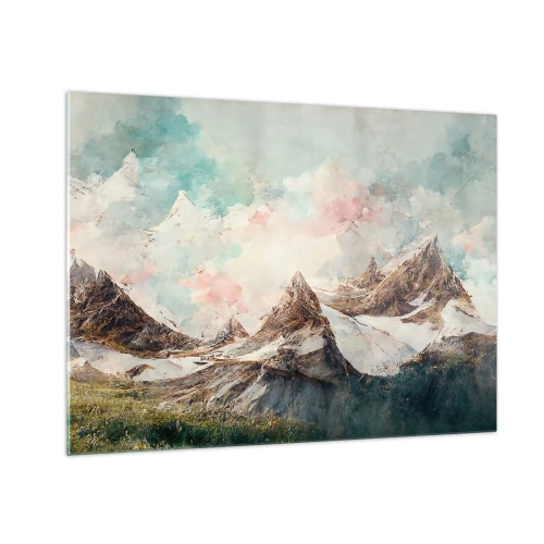 Billede på glas - Maleriske bjergtoppe med pastelfarvet himmel - 70x50cm - Stenede knive - Moderne vægdekoration til stue og soveværelse ARTTOR
