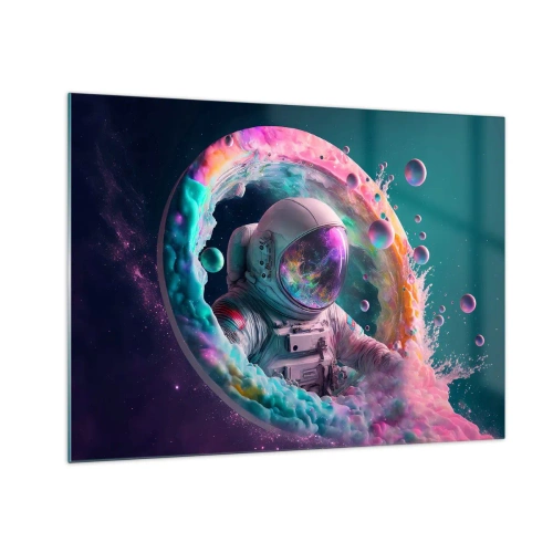 Billede på glas - Astronaut i farverigt rum - 70x50cm - Stjerneport - Moderne vægdekoration til stue og soveværelse ARTTOR