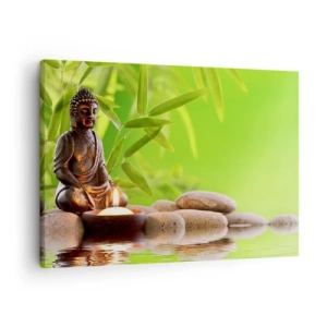 Lærredstryk - Billede på lærred - Buddhafigur med sten og et stearinlys mod en bambusbaggrund - 70x50cm - Livet er smukt - Moderne vægdekoration til stue og soveværelse ARTTOR