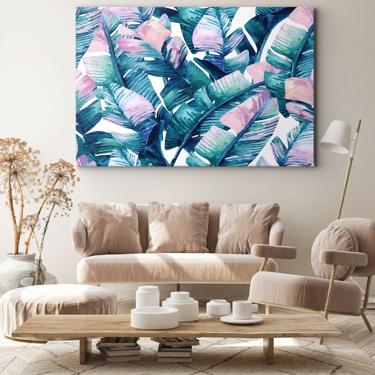 Lærredstryk - Billede på lærred - Bananblade i blå og lyserøde nuancer - 70x50cm - I en bananlund - Moderne vægdekoration til stue og soveværelse ARTTOR
