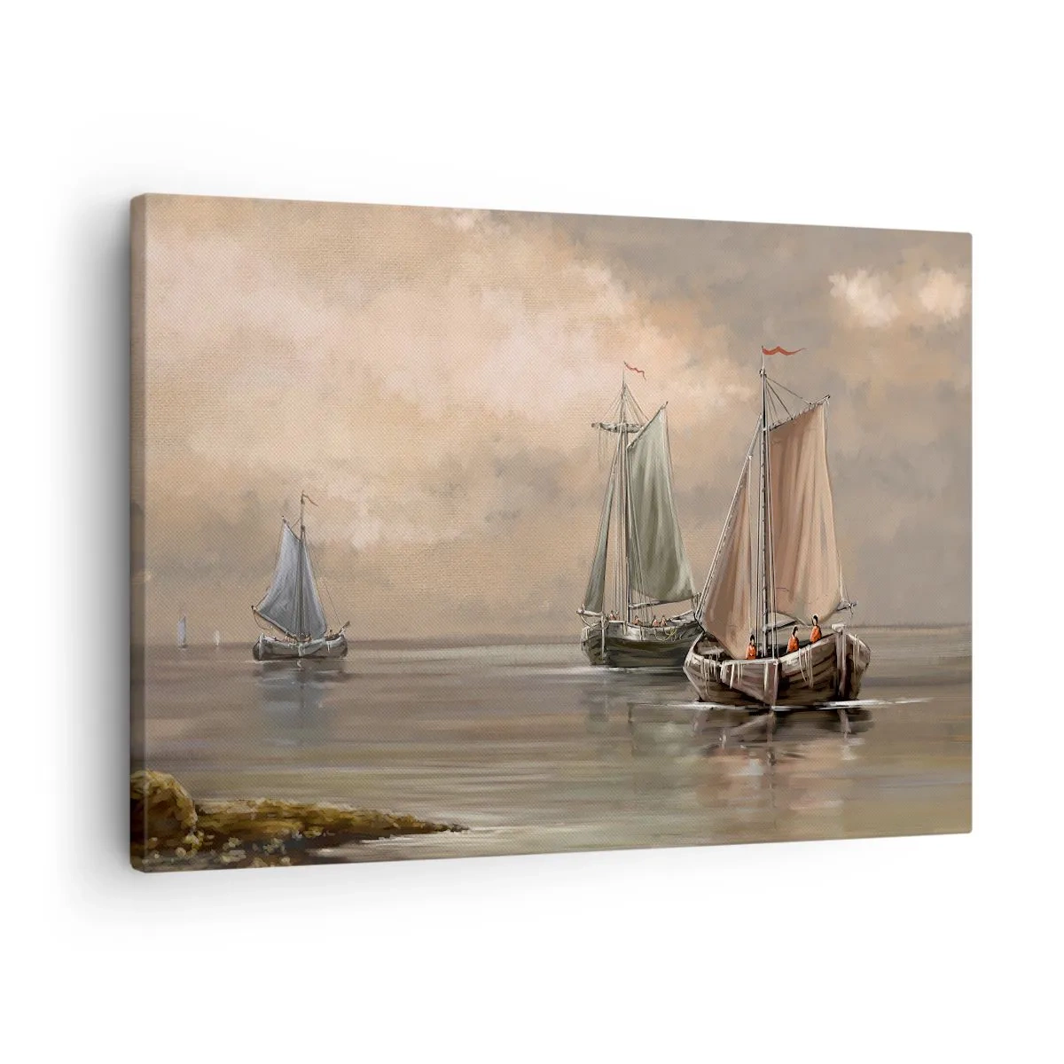 Lærredstryk - Billede på lærred - Sejlbåde på et roligt hav i pastelfarvede omgivelser - 70x50cm - Sømændenes tilbagevenden - Moderne vægdekoration til stue og soveværelse ARTTOR