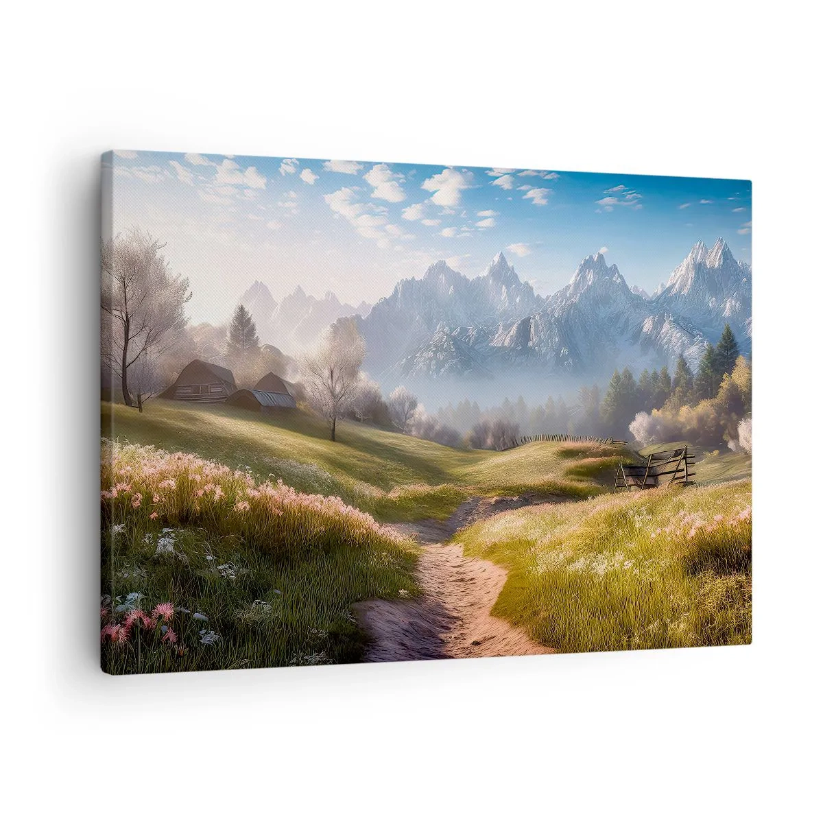 Lærredstryk - Billede på lærred - En bjergdal med enge, hytter og udsigt over bjergtoppene - 70x50cm - Idyllisk dal - Moderne vægdekoration til stue og soveværelse ARTTOR