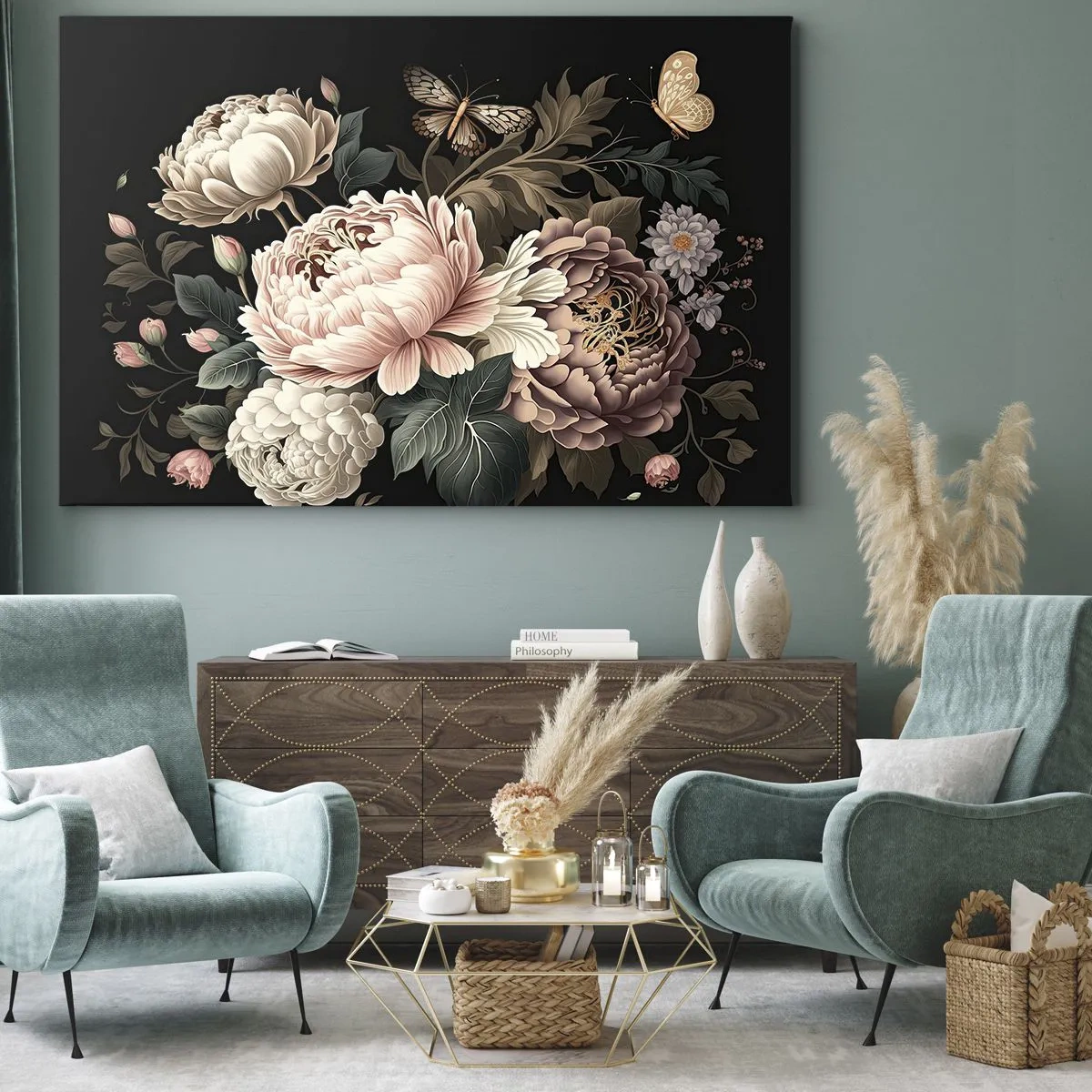 Lærredstryk - Billede på lærred - En buket lyserøde blomster og sommerfugle på en sort baggrund - 70x50cm - I barok stil - Moderne vægdekoration til stue og soveværelse ARTTOR