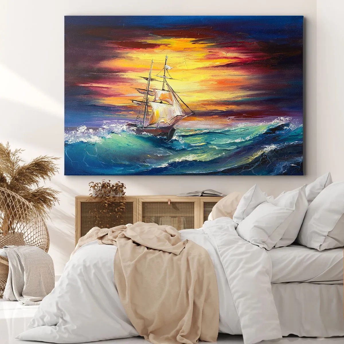 Lærredstryk - Billede på lærred - Et sejlskib mod en farverig solnedgangs baggrund - 70x50cm - At trodse bølgerne - Moderne vægdekoration til stue og soveværelse ARTTOR