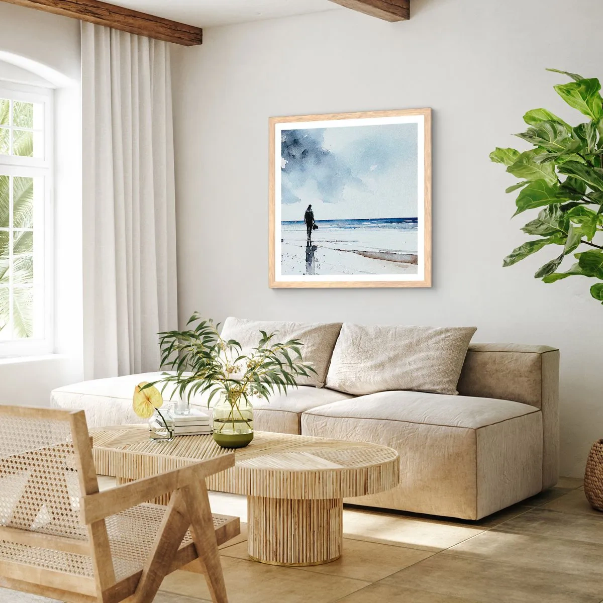 Plakat i ramme af lyst egetræ - Samtale med havet - 50x50 cm