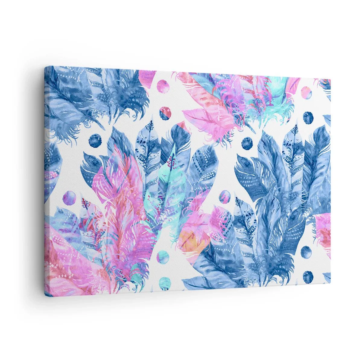 Lærredstryk - Billede på lærred - Abstrakt mønster med farverige fjer i pastelfarver - 70x50cm - Plys i lyserød og blå - Moderne vægdekoration til stue og soveværelse ARTTOR