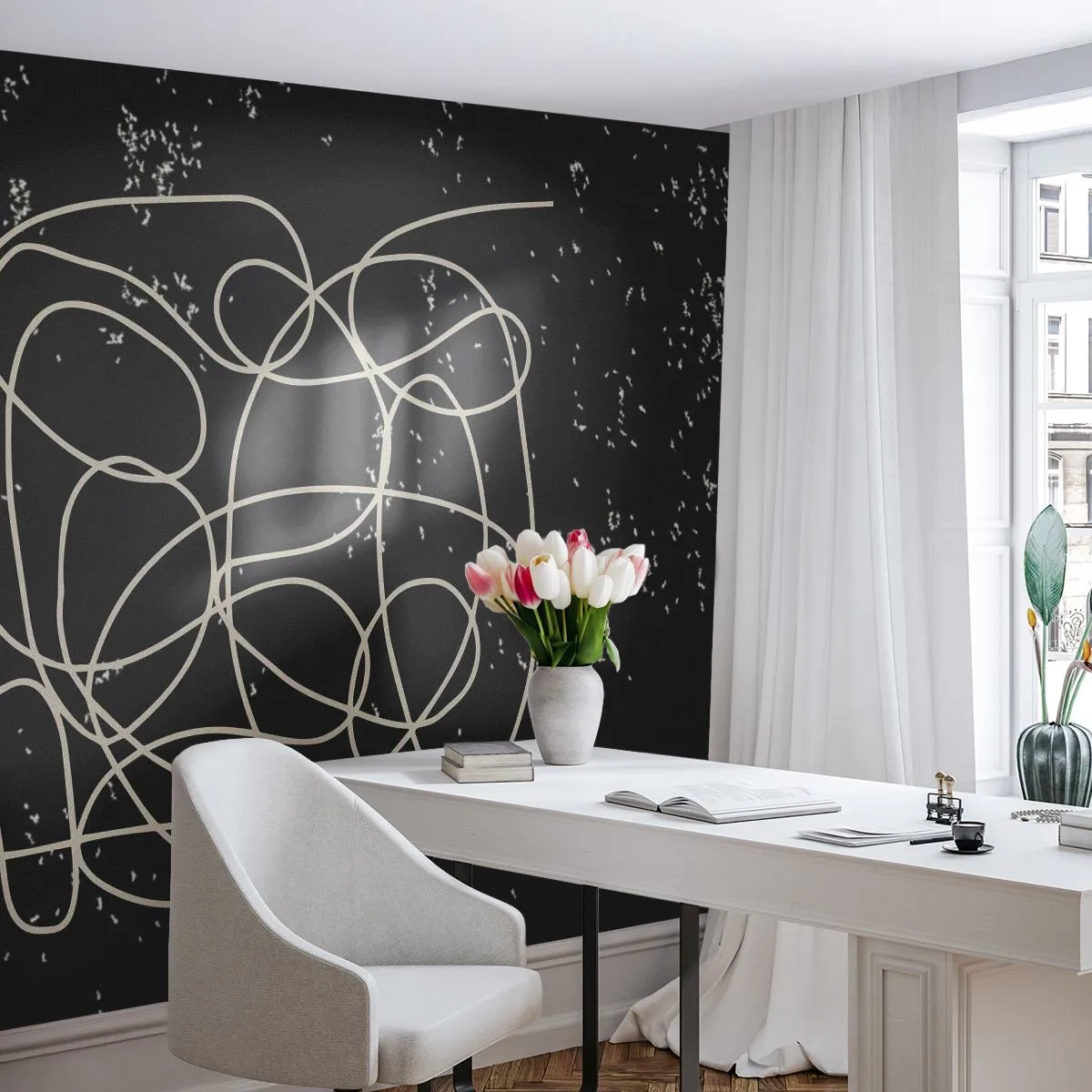 Fototapet Standard Eco - Abstrakte hvide linjer på en tekstureret sort baggrund - 100x70cm - Vandrende tanker - Moderne vægdekoration til stue og soveværelse ARTTOR