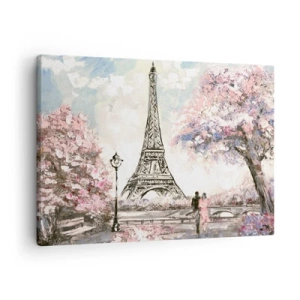Lærredstryk - Billede på lærred - Eiffeltårnet omgivet af blomstrende træer - 70x50cm - April gåtur rundt i Paris - Moderne vægdekoration til stue og soveværelse ARTTOR