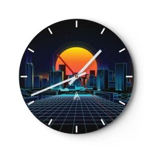 Vægur, Uret - Retro-futuristisk bybillede med neonlys og solnedgang - 30x30cm - Vil du stadig gerne komme til den ægte vare? - Moderne vægdekoration til stue, køkken og soveværelse ARTTOR