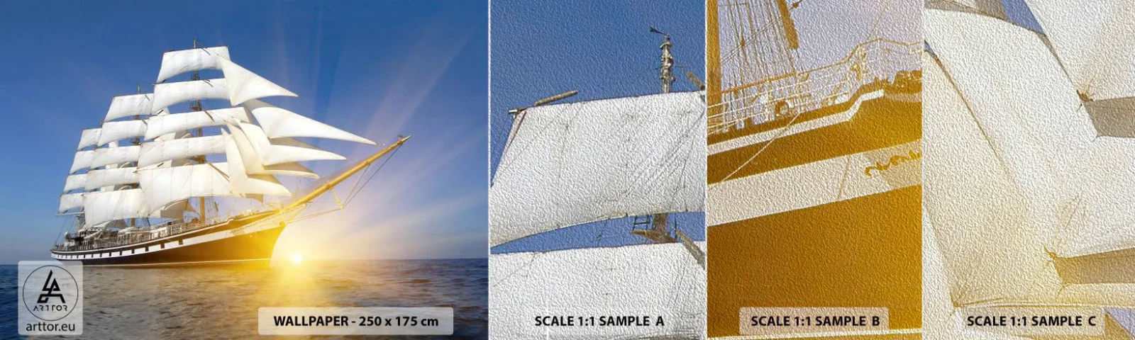 Prøve Fototapet Premium Sand - Deres tid vil aldrig gå forbi - Hav, Sejlskib, Skib - 100x30 cm