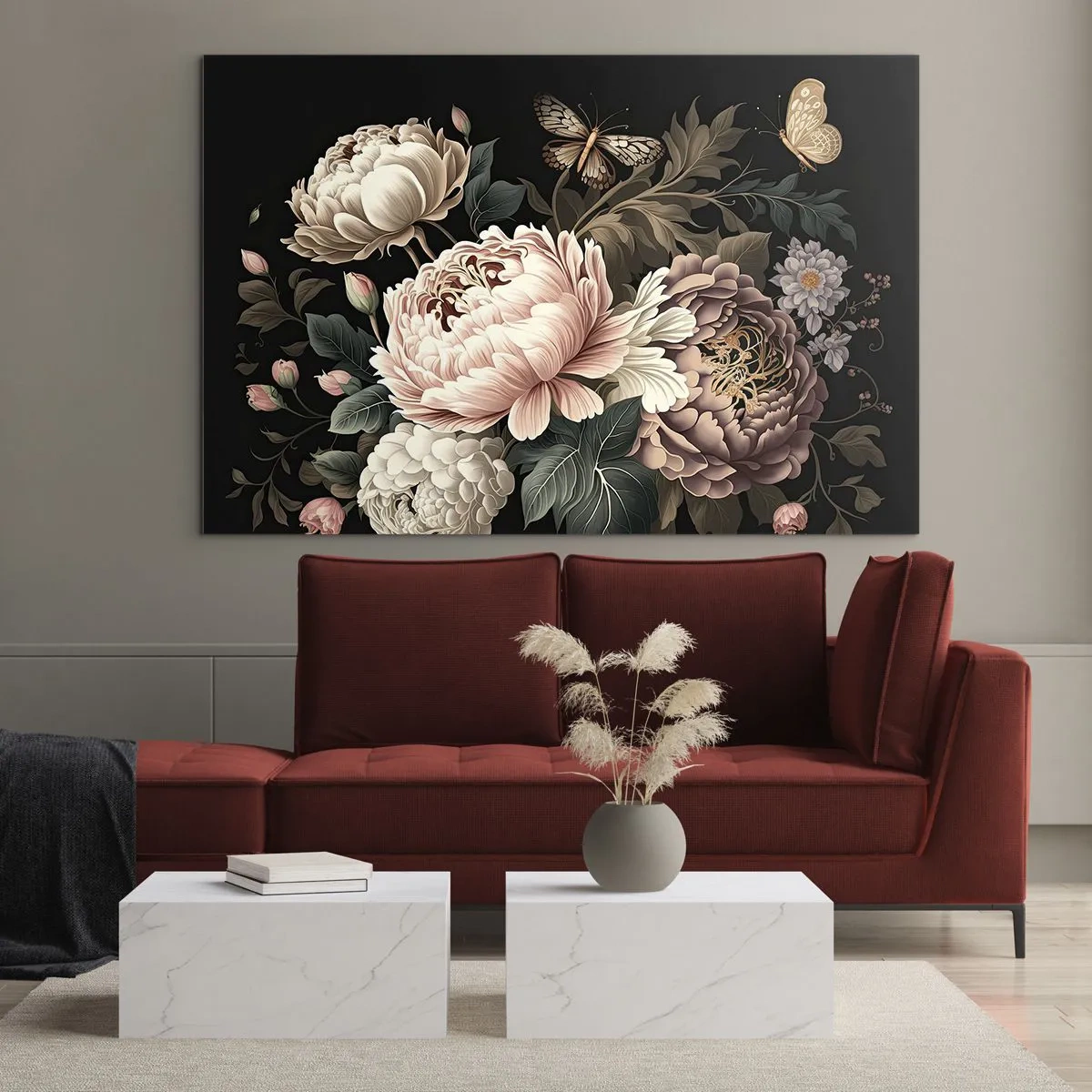 Billede på glas - Blomsterkomposition med sommerfugle på sort baggrund - 70x50cm - I barok stil - Moderne vægdekoration til stue og soveværelse ARTTOR