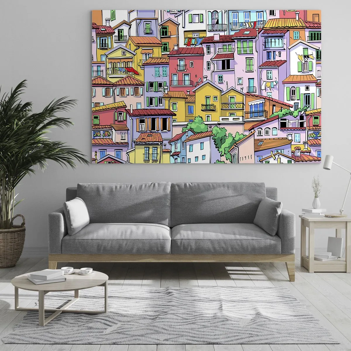 Billede på glas - Farverige lejlighedshuse i tegneseriestil, fulde af detaljer - 70x50cm - Glædelig by - Moderne vægdekoration til stue og soveværelse ARTTOR