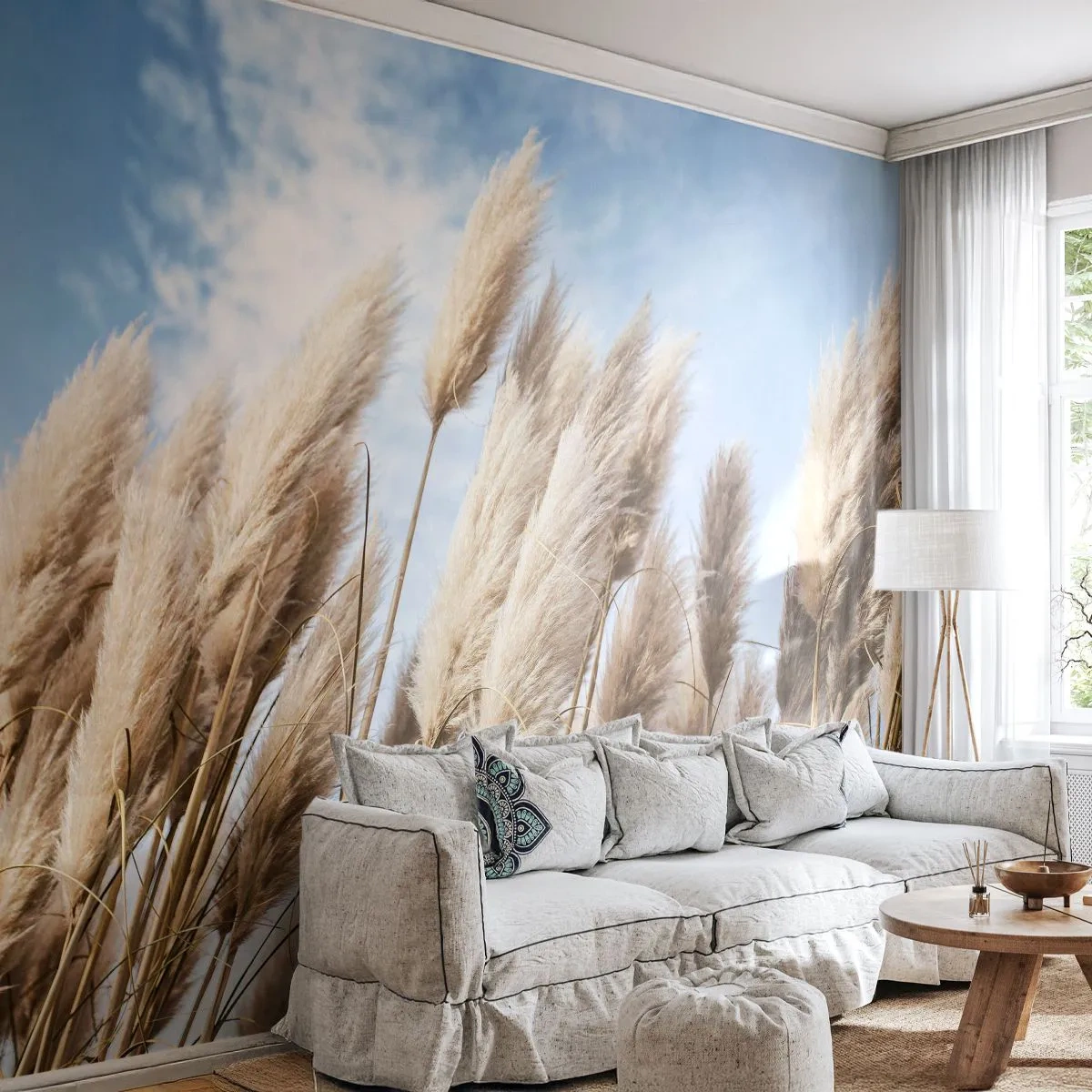 Fototapet Premium Sand - Solrig og blæsende kærtegn - Pampas græs, Natur, Boho - 100x70 cm