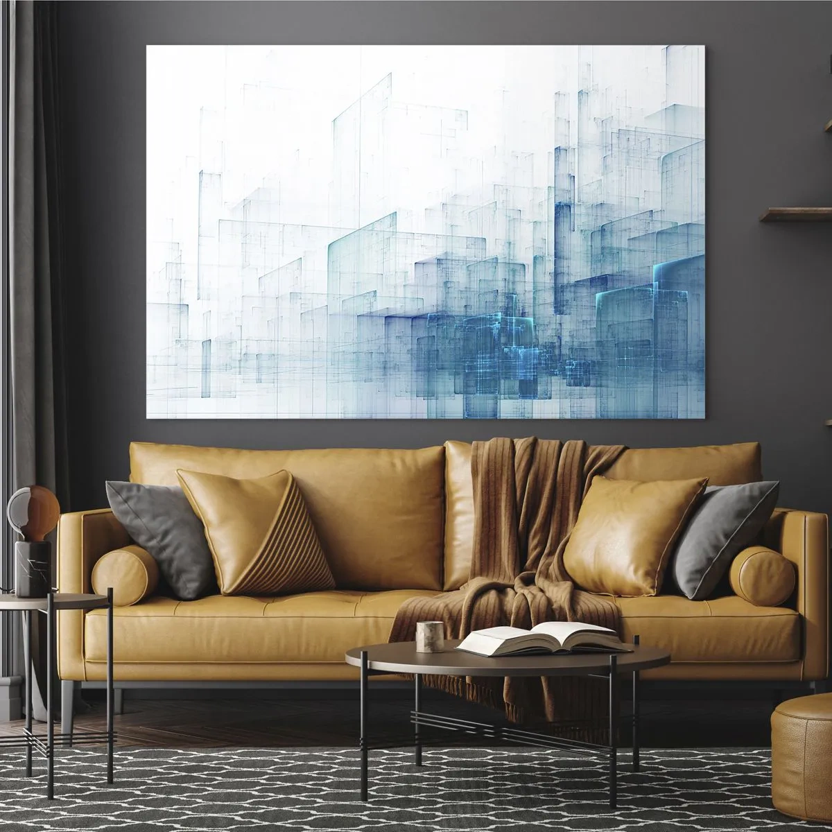 Billede på glas - Abstrakt geometrisk komposition i blå nuancer - 70x50cm - Hvordan rummet blev til - Moderne vægdekoration til stue og soveværelse ARTTOR