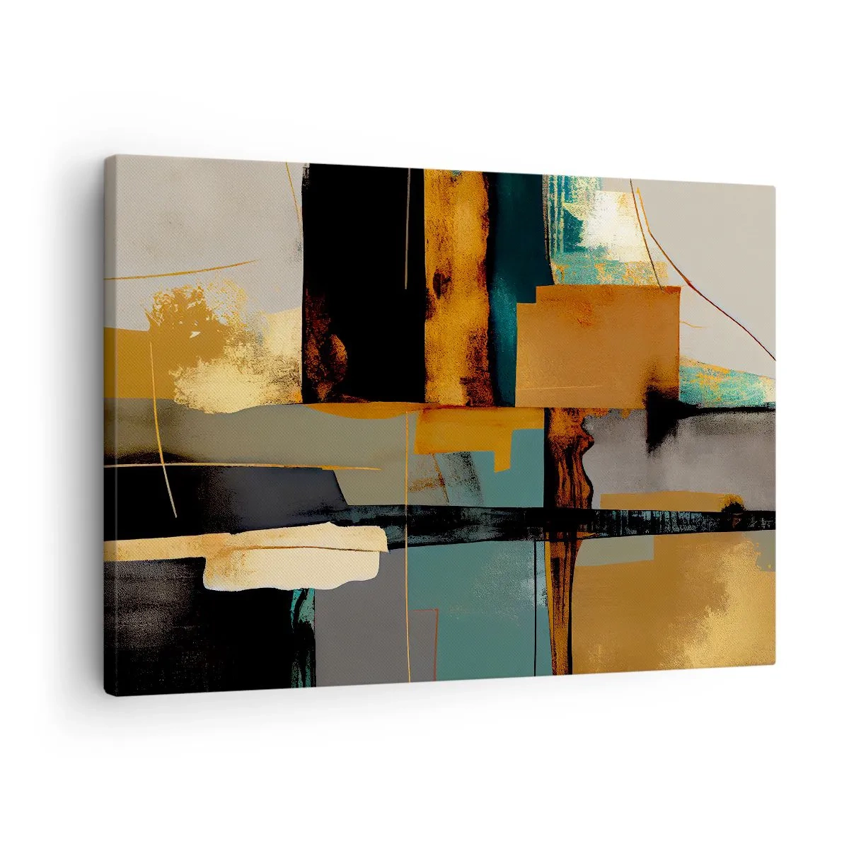 Lærredstryk - Billede på lærred - Abstrakt komposition med guld- og turkiselementer - 70x50cm - Abstraktion - lys og skygge - Moderne vægdekoration til stue og soveværelse ARTTOR