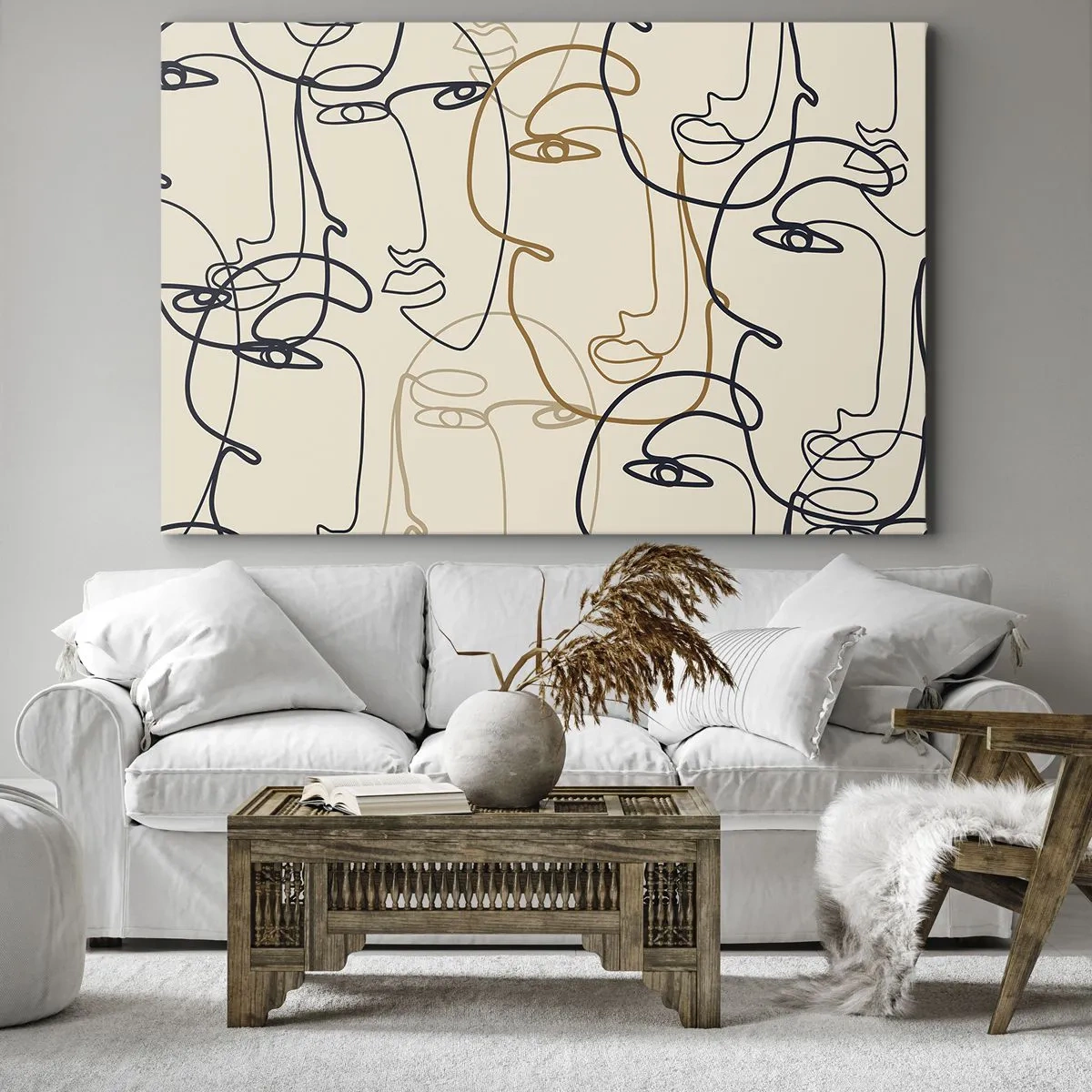 Lærredstryk - Billede på lærred - Minimalistiske stregtegninger med ansigter på en lys baggrund - 70x50cm - Portræt ganget med hinanden - Moderne vægdekoration til stue og soveværelse ARTTOR