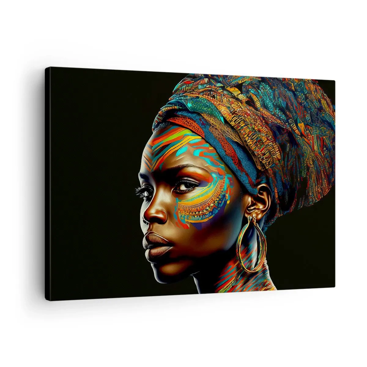 Lærredstryk - Billede på lærred - Portræt af en kvinde med et farverigt mønster og en turban - 70x50cm - Afrikansk dronning - Moderne vægdekoration til stue og soveværelse ARTTOR