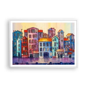 Plakat i hvid ramme - En by som et eventyr - 100x70 cm