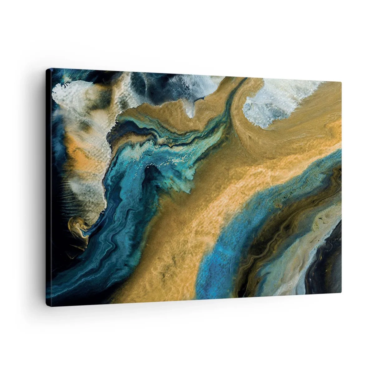 Lærredstryk - Billede på lærred - Abstrakte bølger i nuancer af guld og blå - 70x50cm - Blå - gul - gensidig indflydelse - Moderne vægdekoration til stue og soveværelse ARTTOR
