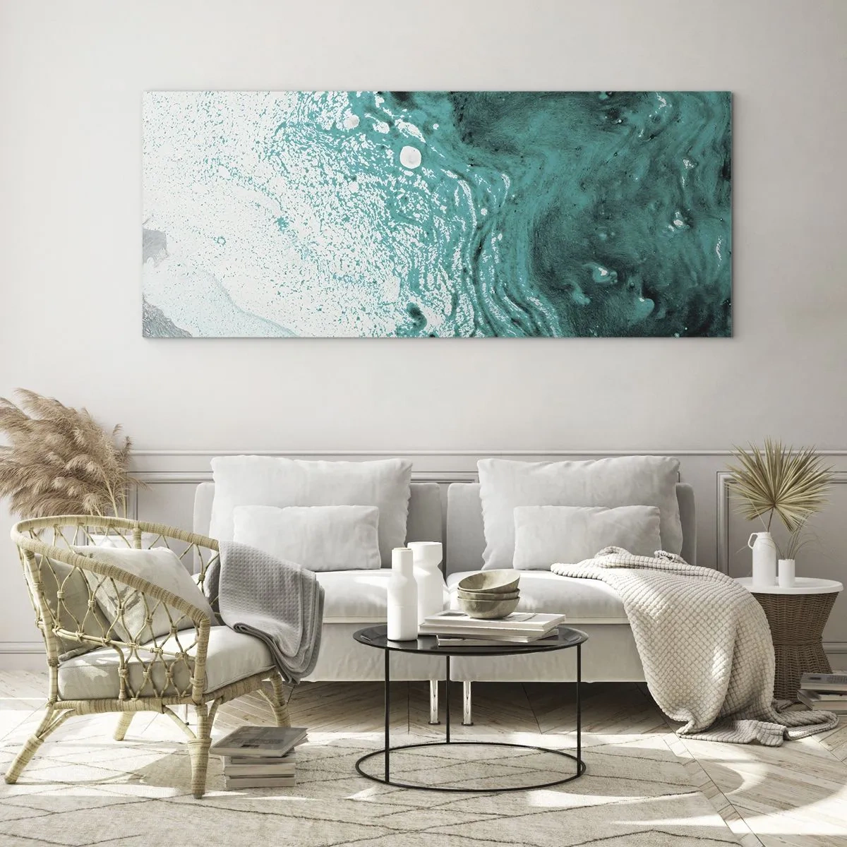 Billede på glas - Opløses i hvidt og turkis - 160x50 cm