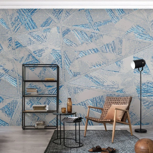 Fototapet Standard Eco - Geometrisk mønster i nuancer af grå og blå - 100x70cm - I en gråblå labyrint - Moderne vægdekoration til stue og soveværelse ARTTOR