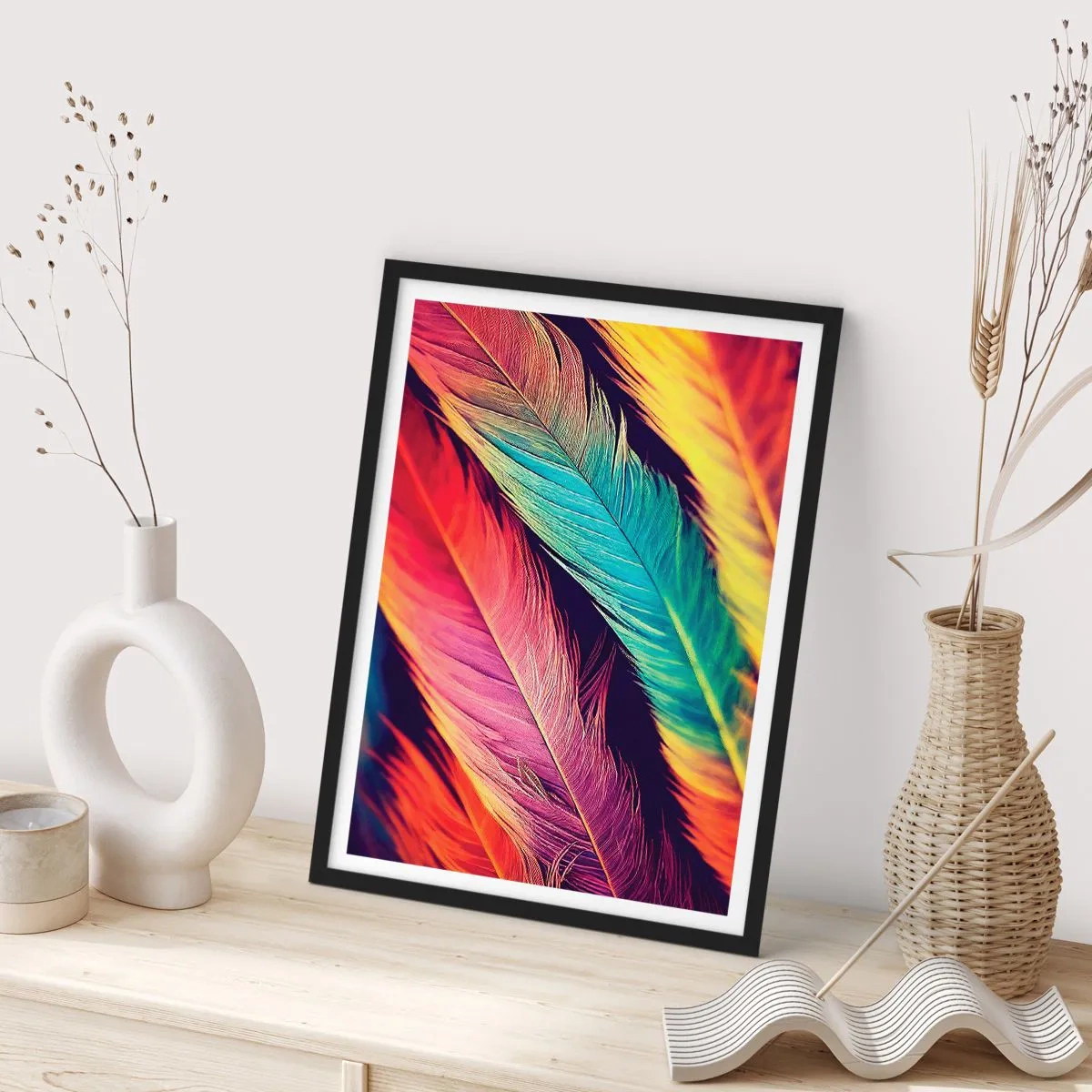 Plakat i sort ramme - Farverige fjer i livlige nuancer på en mørk baggrund - 50x70cm - Fjeragtig regnbue - Moderne vægdekoration til stue og soveværelse ARTTOR